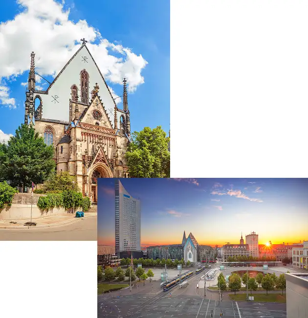 Zwei Ansichten aus Leipzig – oben die historische Thomaskirche bei Tag, unten der Augustusplatz mit der modernen Universitätskirche und dem City-Hochhaus bei Sonnenuntergang.