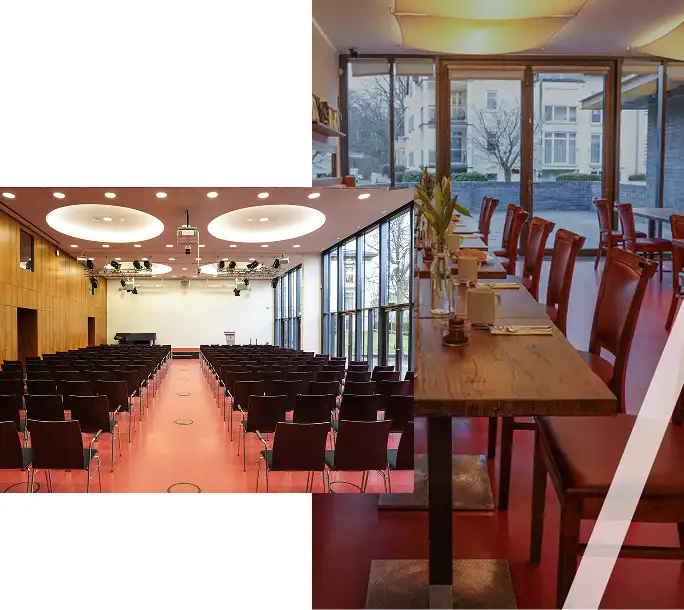 Zwei Innenaufnahmen – links ein moderner Konferenzsaal mit Reihenbestuhlung, rechts ein stilvoll gedeckter Tisch in einem Restaurant oder Café mit großen Fenstern.
