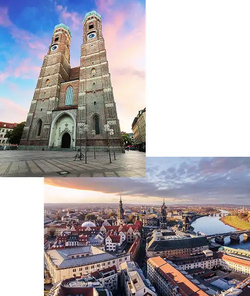 Frontansicht der Frauenkirche in München mit ihren markanten Doppeltürmen bei Sonnenuntergang, darunter Panorama von Dresden mit Elbe und Altstadt