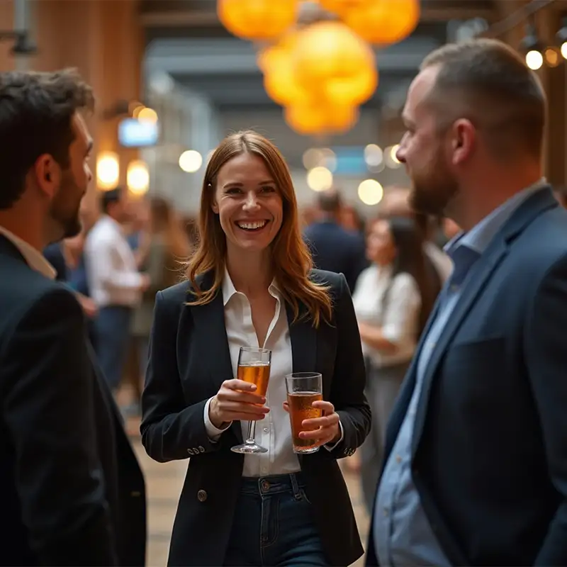 Frau in Businesskleidung lächelt bei einem Networking-Event und hält zwei Gläser mit Getränken, während sie sich mit zwei männlichen Kollegen unterhält.