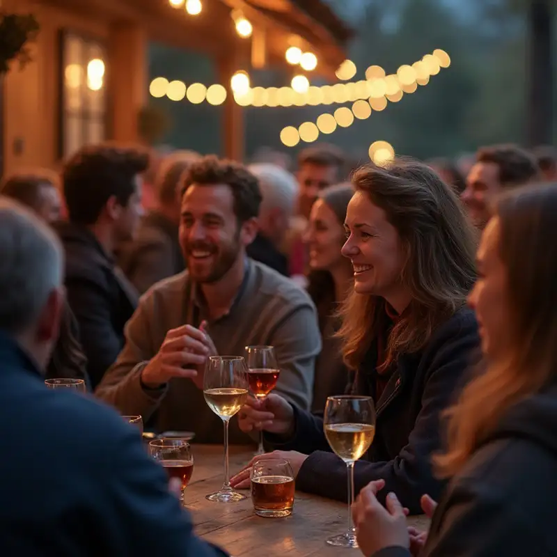 Menschen sitzen abends an einem langen Holztisch im Freien, trinken Wein und lachen, im Hintergrund warme Lichterketten und gemütliche Atmosphäre