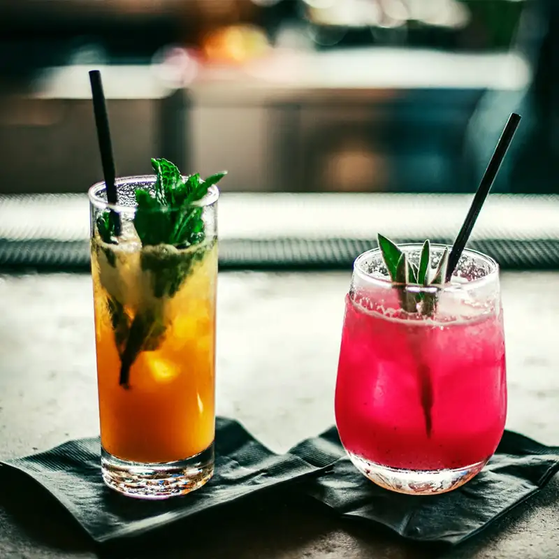 Zwei farbenfrohe Cocktails auf schwarzen Servietten, links ein gelb-orangefarbener Drink mit Minze, rechts ein pink-violetter Drink mit Kräutergarnitur