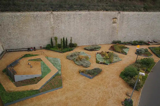 Geometrisch angelegte Beete und Pflanzeninseln vor einer hohen Steinmauer in einem befestigten Gartenbereich